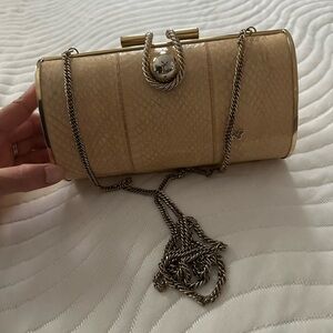 Nina Ricci Paris Snakeskin Elegant Cream Clutch with Chain Strap